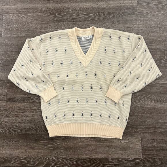 EUC Vintage St. Croix Knits Wool V Neck Sweater Cream Blue Diamond USA Made Sz L - Picture 1 of 16